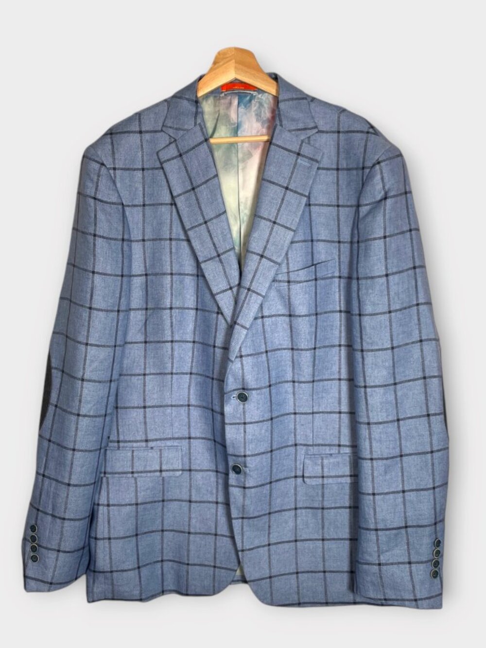 TALLIA 100% Linen Blazer Sport Coat 44L Blue Navy Windowpane Elbow Patch NWT
